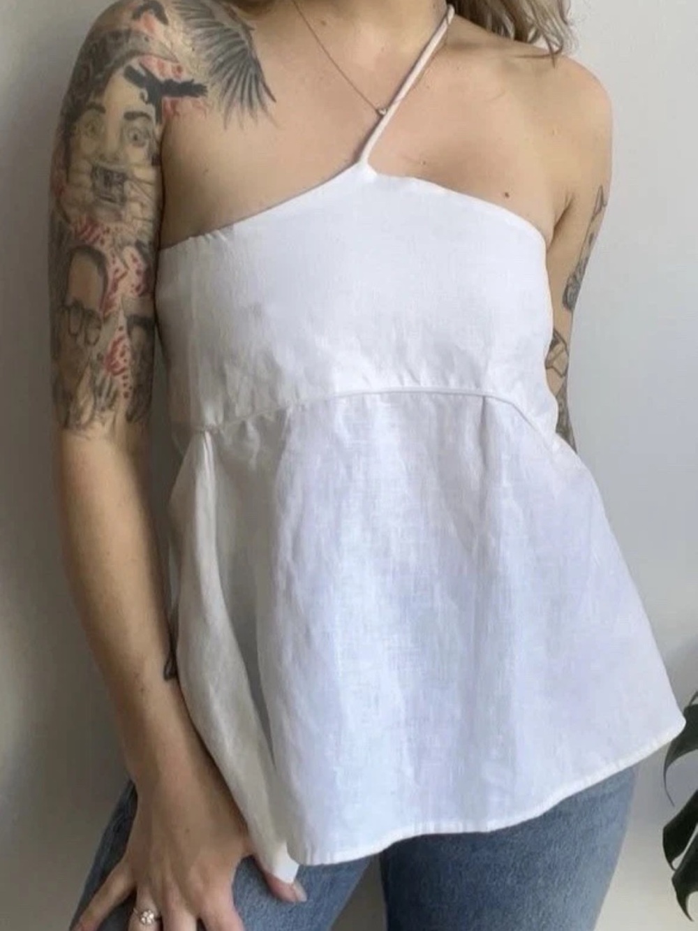 Ajaie Alaie Vida White Linen Asymmetrical Halter Neck Babydoll camisole top